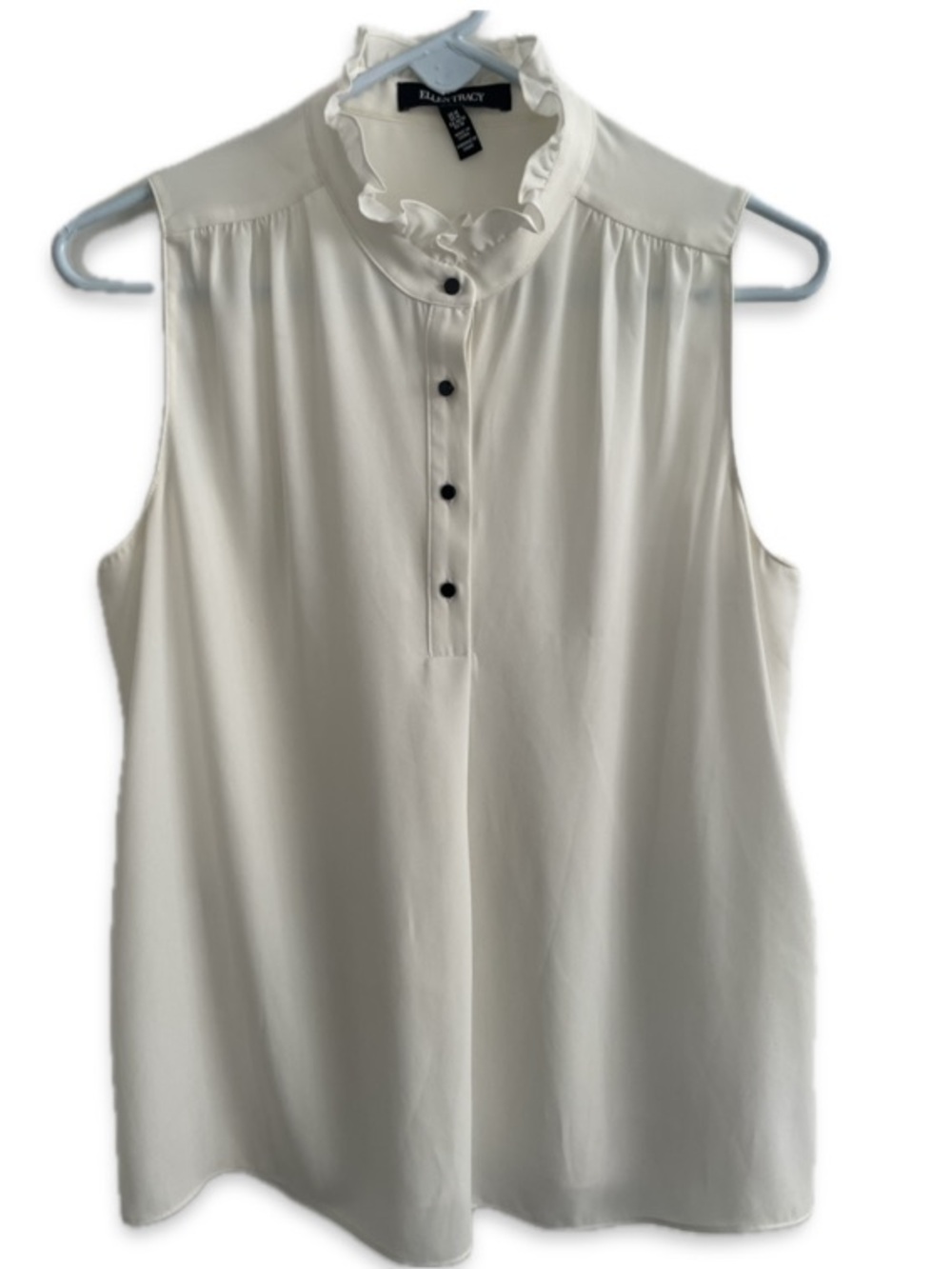 Ellen Tracy White Sheer Ruffle Mock Neck Sleeveless Top Button Front Medium